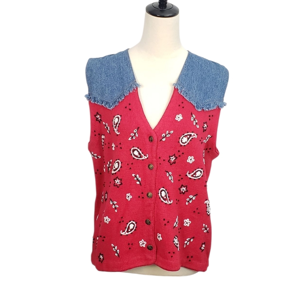 VTG 90's Paisley Vest Sz M Red Americana Western Festival Denim Fringe